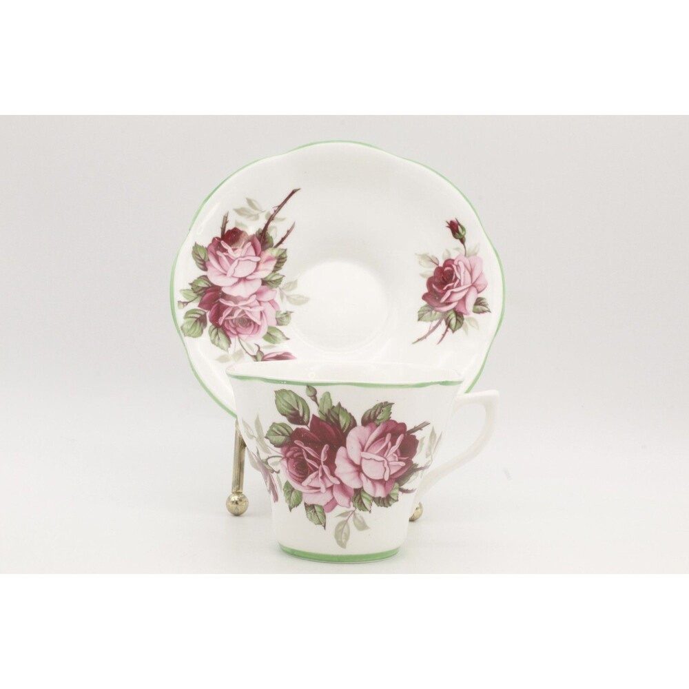 Roses Tea Cup and Saucer Set England Pink Shabby VTG Crownford Fine Bone China